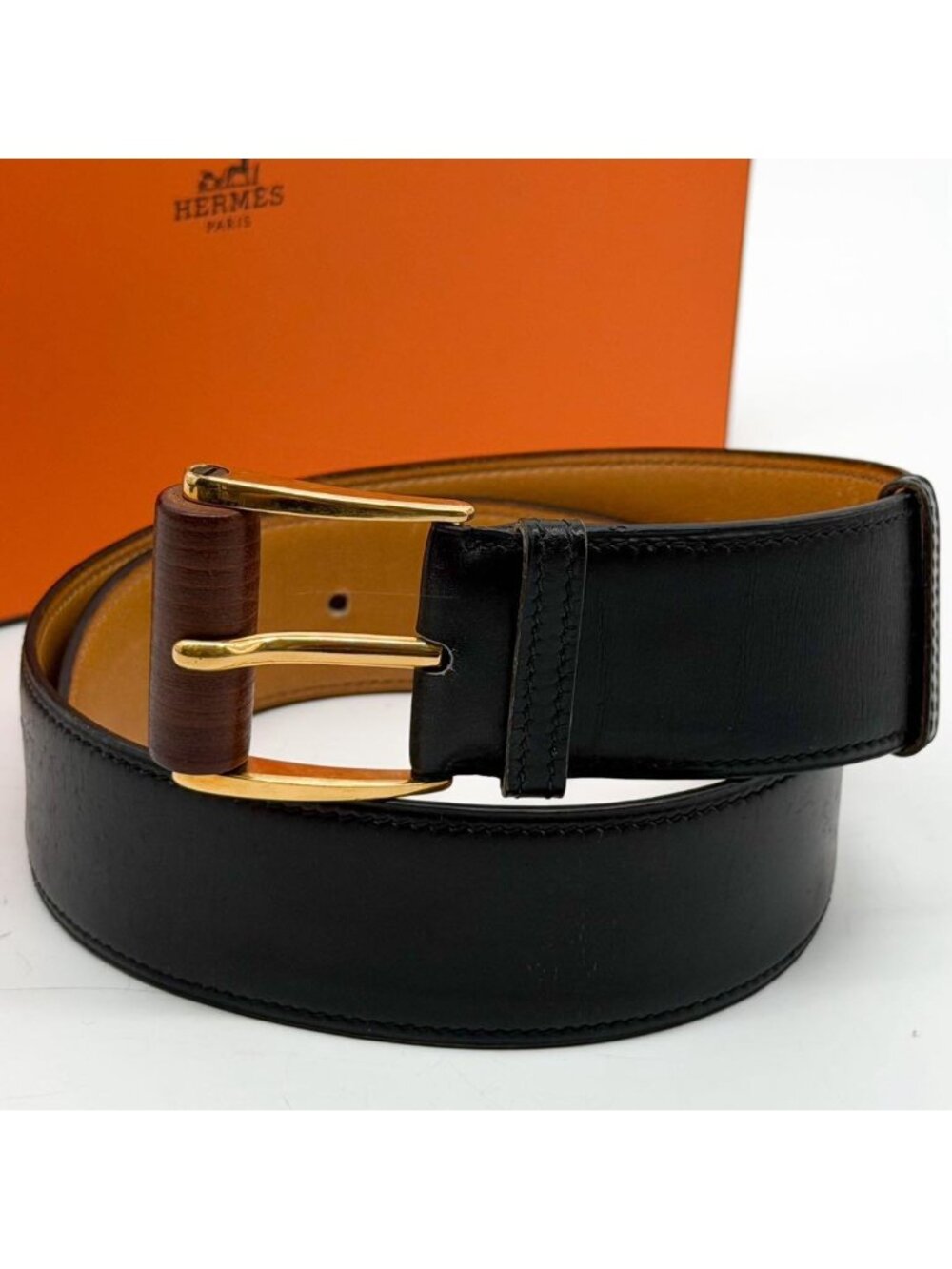 Hermes Wood Leather Belt Black Vintage